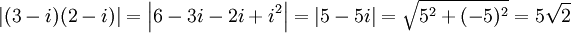 \left|(3-i)(2-i)\right|=\left|6-3i-2i+i^2\right|= \left|5-5i\right|=\sqrt{5^2+(-5)^2}=5\sqrt 2