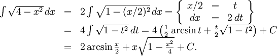 \begin{array}{lll} \int\sqrt{4-x^2}\, dx&=&2\int\sqrt{1-(x/2)^2}\,  dx=\left\{\begin{array}{ccc} x/2&=&t\\ dx&=&2\, dt\end{array}\right\}\\ &=& 4\int\sqrt{1-t^2}\, dt=4\left(\frac{1}{2}\arcsin  t+\frac{t}{2}\sqrt{1-t^2}\right)+C\\ &=& 2\arcsin\frac{x}{2}+x\sqrt{1-\frac{x^2}{4}}+C.\end{array}