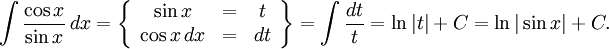 \int\frac{\cos x}{\sin x}\, dx=\left\{\begin{array}{ccccc} \sin x&=&t\\ \cos x\, dx&=&dt\end{array}\right\}= \int\frac{dt}{t}=\ln |t|+C=\ln|\sin x|+C.