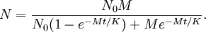 N=\frac{N_{0}M}{N_{0}(1-e^{-Mt/K})+Me^{-Mt/K}}.