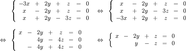 \begin{array}{llllll} &\left\{\begin{array}{cccccccccc} -3x & + & 2y & + & z &=& 0\\ x & - & 2y & + & z &=& 0\\ x & + & 2y & - & 3z &=&0\end{array}\right. &\Leftrightarrow& \left\{\begin{array}{cccccccccc} x & - & 2y & + & z &=& 0\\ x & + & 2y & - & 3z &=&0\\ -3x & + & 2y & + & z &=& 0\end{array}\right.\\ \\ \Leftrightarrow& \left\{\begin{array}{cccccccccc} x & - & 2y & + & z &=& 0\\   &   & 4y & - & 4z &=& 0\\   & - & 4y & + & 4z &=& 0\end{array}\right.& \Leftrightarrow& \left\{\begin{array}{cccccccccc} x & - & 2y & + & z &=& 0\\   &   & y & - & z &=& 0\end{array}\right.\end{array}