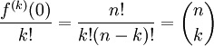 \frac{f^{(k)}(0)}{k!}=\frac{n!}{k!(n-k)!}=\binom nk