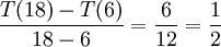 \frac{T(18)-T(6)}{18-6}=\frac{6}{12}=\frac{1}{2}