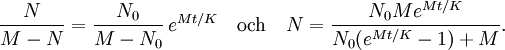 \frac{N}{M-N}=\frac{N_{0}}{M-N_{0}}\, e^{Mt/K}\quad \mbox{och}\quad N=\frac{N_{0}Me^{Mt/K}}{N_{0}(e^{Mt/K}-1)+M}.