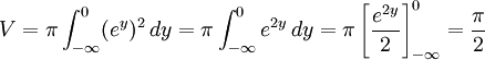 V=\pi{}\int_{-\infty}^0(e^y)^2\, dy=\pi{}\int_{-\infty}^0e^{2y}\, dy=\pi{}\left[\frac{e^{2y}}{2}\right]_{-\infty}^0=\frac{\pi{}}{2}