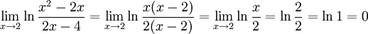 \lim\limits_{x\to 2}\ln\frac{x^2-2x}{2x-4}=\lim\limits_{x\to  2}\ln\frac{x(x-2)}{2(x-2)}= \lim\limits_{x\to 2}\ln\frac{x}{2}=\ln \frac{2}{2}=\ln 1=0