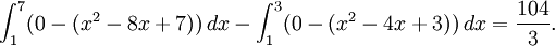 \int_1^7(0-(x^2-8x+7))\, dx-\int_1^3(0-(x^2-4x+3))\, dx=\frac{104}{3}.