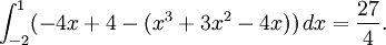 \int_{-2}^1(-4x+4-(x^3+3x^2-4x))\, dx=\frac{27}{4}.