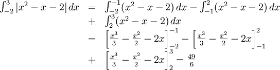 \begin{array}{lll} \int_{-2}^3|x^2-x-2|\, dx&=& \int_{-2}^{-1}(x^2-x-2)\, dx-\int_{-1}^2(x^2-x-2)\, dx\\ &+& \int_{2}^{3}(x^2-x-2)\, dx\\ &=& \left[\frac{x^3}{3}-\frac{x^2}{2}-2x\right]_{-2}^{-1}- \left[\frac{x^3}{3}-\frac{x^2}{2}-2x\right]_{-1}^{2}\\ &+& \left[\frac{x^3}{3}-\frac{x^2}{2}-2x\right]_{2}^{3} =\frac{49}{6}\end{array}