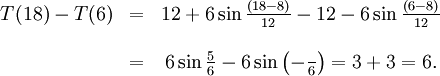 \begin{array}{ccc} T(18)-T(6)&=&12+6\sin\frac{¹(18-8)}{12}-12-6\sin\frac{¹(6-8)}{12}\\ \\ &=& 6\sin\frac{5¹}{6}-6\sin\left(-\frac{¹}{6}\right)=3+3=6.\end{array}