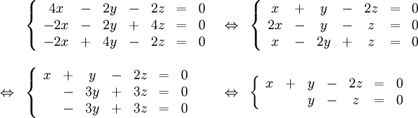 \begin{array}{lllllll} &\left\{\begin{array}{cccccccccc} 4x & - & 2y & - & 2z &=&0\\ -2x & - & 2y & + & 4z &=&0\\ -2x & + & 4y & - & 2z &=&0\end{array}\right. & \Leftrightarrow & \left\{\begin{array}{cccccccccc} x & + & y & - & 2z &=&0\\ 2x & - & y & - & z &=&0\\ x & - & 2y & + & z &=&0\end{array}\right.\\ \\ \Leftrightarrow & \left\{\begin{array}{cccccccccc} x & + & y & - & 2z &=&0\\  & - & 3y & + & 3z &=&0\\  & - & 3y & + & 3z &=&0\end{array}\right. &  \Leftrightarrow & \left\{\begin{array}{cccccccccc} x & + & y & - & 2z &=&0\\  &  & y & - & z &=&0\end{array}\right.\end{array}
