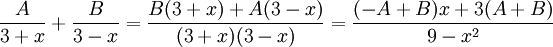 \frac{A}{3+x}+\frac{B}{3-x}=\frac{B(3+x)+A(3-x)}{(3+x)(3-x)}= \frac{(-A+B)x+3(A+B)}{9-x^2}