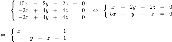 \begin{array}{lllllll} &\left\{\begin{array}{cccccccccc} 10x & - & 2y & - & 2z &=& 0\\ -2x & + & 4y & + & 4z &=& 0\\ -2x & + & 4y & + & 4z &=& 0\end{array}\right.& \Leftrightarrow& \left\{\begin{array}{cccccccccc} x & - & 2y & - & 2z &=& 0\\ 5x & - & y & - & z &=& 0 \end{array}\right. \\ \\ \Leftrightarrow & \left\{\begin{array}{cccccccccc} x &  &  &  &  &=& 0\\  &  & y & + & z &=& 0 \end{array}\right.\end{array}