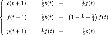 \left\{\begin{array}{ccccc} b(t+1)&=&\frac{1}{2}b(t)&+&\frac{2}{9}f(t)\\ \\ f(t+1)&=&\frac{1}{2}b(t)&+&\left(1-\frac{1}{4}-\frac{1}{4}\right)f(t)\\ \\ p(t+1)&=&\frac{1}{4}f(t)&+&\frac{1}{2}p(t)\end{array}\right.
