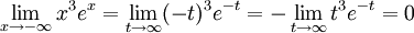\lim\limits_{x\to-\infty}x^3e^x=\lim_{t\to\infty}(-t)^3e^{-t}= -\lim\limits_{t\to\infty}t^3e^{-t}=0